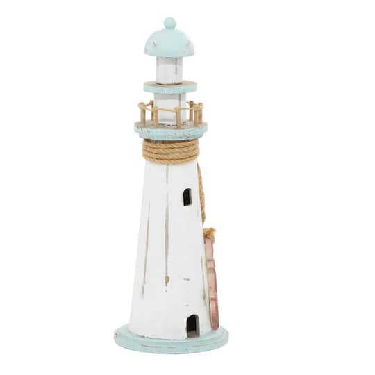 Coastal White Wooden Lighthouse Sculpture, 15&#x22; x 6&#x22; x 6&#x22;